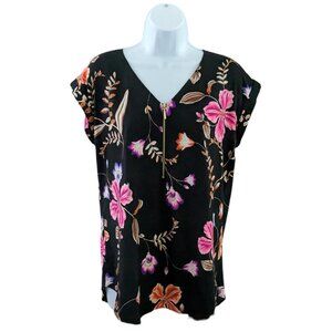 Express Women’s Tropical Blouse -  M - Black - summer casual or dressy top - EUC